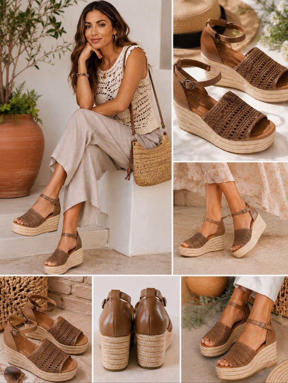 ANA Woven Espadrille Platform Wedge Sandals Taupe Ankle Strap Women's 9.5M NWT